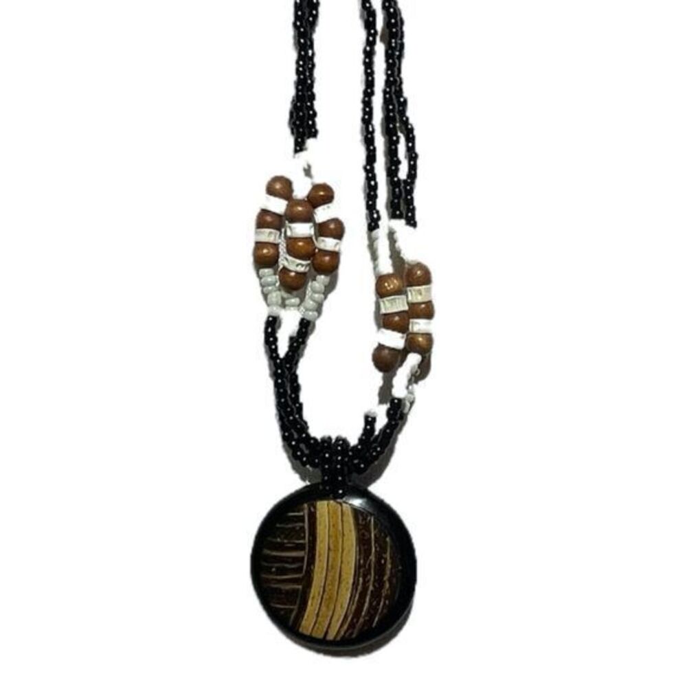 Tribal Style Beaded Necklace with Large Round Wood and Acrylic Pendant 19"